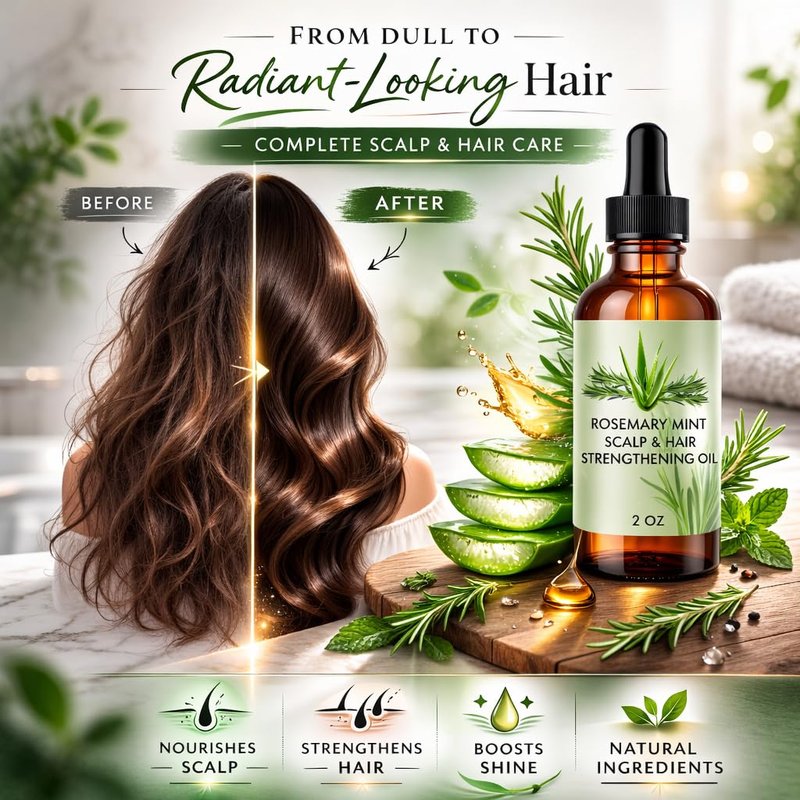 Rosemary Mint Scented Hair and Scalp Oil, 2 oz Lightweight Styling Oil for Daily Hair Care, Smooth Texture Leave-In Oil for All Hair Types