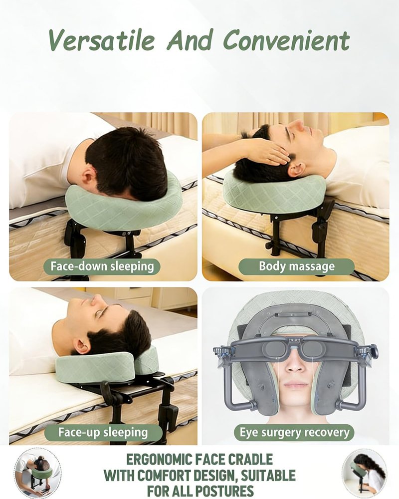 ivebed Massage Headrest for Bed, Adjustable Height Memory Foam Head Holder with Washable Pillow Cover, Portable Home Comfort Face Down Cradle Kit for Rest Neck Shoulder at Mattress (Green)
