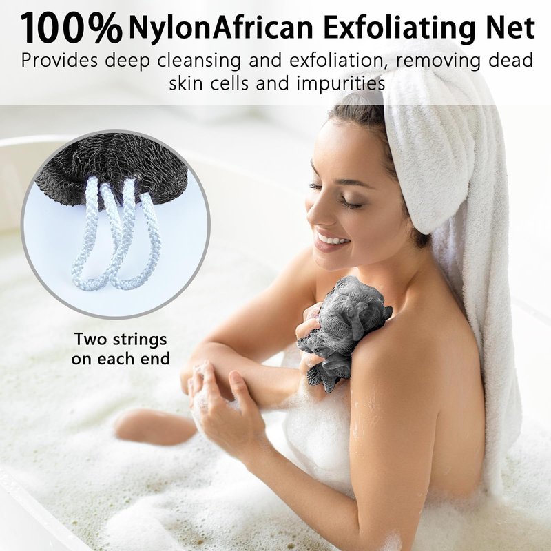 African Net Sponge Authentic with Knots - African Exfoliating Net Sponge with Handles for Body Scrubber Exfoliator - Real Africa Back Wash Bath Sponges for Shower Travel Portable & Dry Quickly, Black