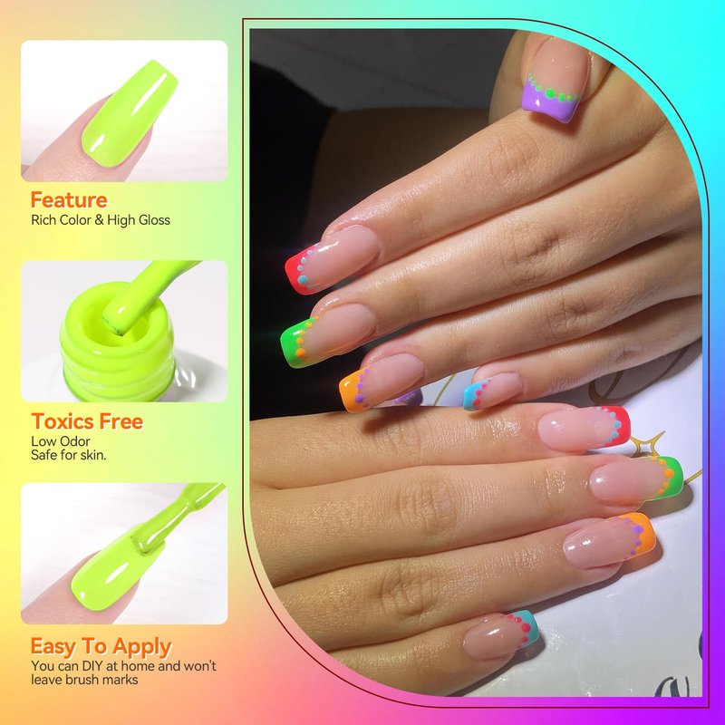 Born Pretty Gel Nail Polish Spring Summer Neon Fluorescent Orange Hot Pink Blue Yellow Green Purple Soak Off U V LED Gel Nail Polish Set Nails Art 7ml 6pcs