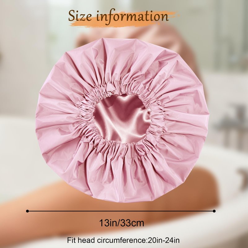 Doitory Shower Cap for Women, Reusable Waterproof Shower Cap Satin Lined with Soft Elastic Band, Large Washable Bath Caps(Pink)