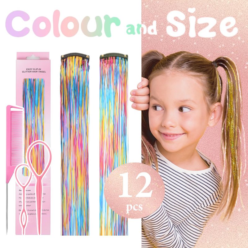 Hair Tinsel Clip in Rainbow Fairy Hair Tinsel Kit, 12 Pcs 24 Inch Glitter Clip in Hair Extensions for Girls Women Kids Christmas New Year Festival Party (Rainbow)
