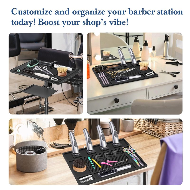 Magnetic Barber Mat for Clippers,Station Barber Tool Organizer Mat Rubber for Scissors Salon Barber shop Beauty Tools with 4 Slots Flexible Silicone Barber Pad Non-Slip Professional Barber Accessories
