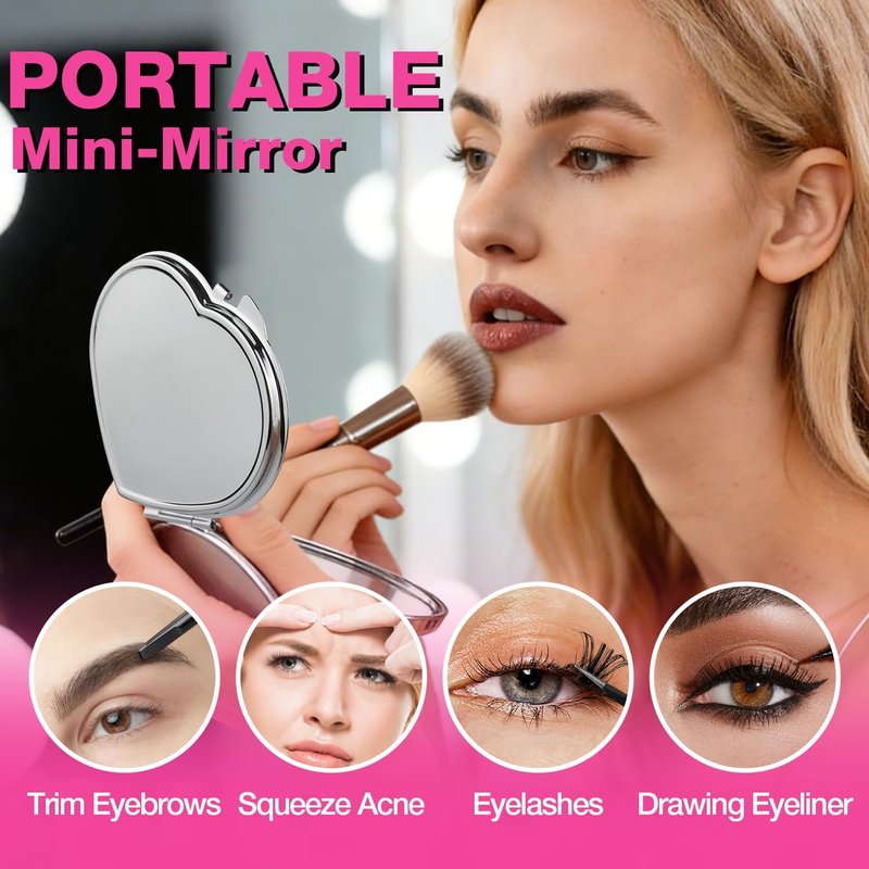 Heart Compact Travel Mirror - Double-Sided, Portable Metal Folding Design for Women | Scratch-Resistant