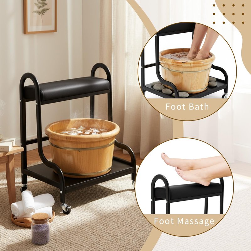 Geelin Pedicure Cart Foot Bath Trolley Portable Trolley for Rest Massage Pedicure Stool with Cushion Beauty Spa Supplies(Black)