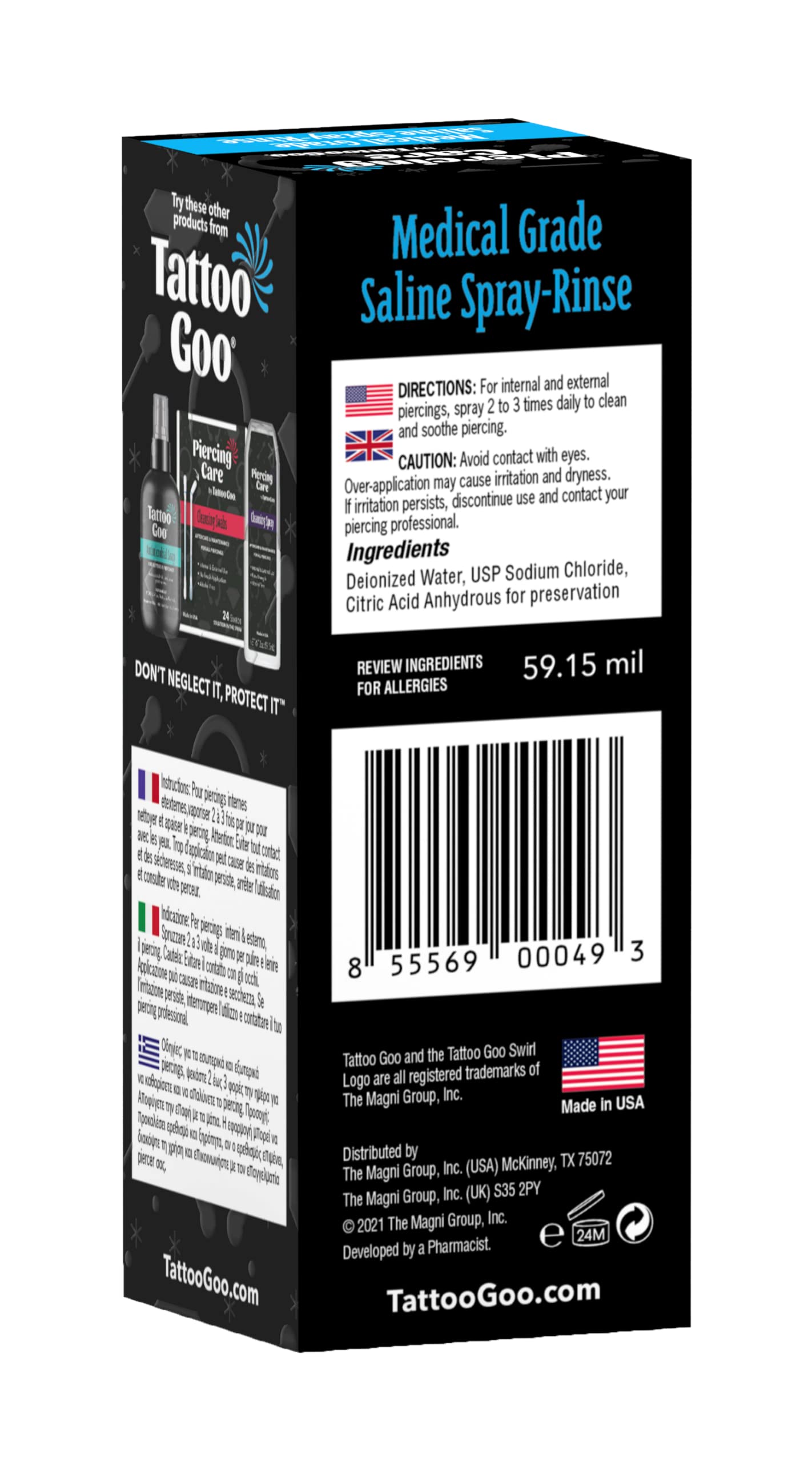 Tattoo Goo Saline-Spray Rinse, Aftercare Spray & Rinse for Piercings - Safely Cleans with Sodium Chloride 99.9% - 2 oz