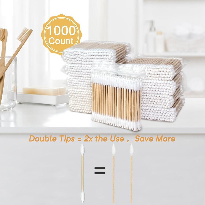 Bamboo Cotton Swabs - 1000 Count Double Pointed Organic Tips | Durable Bamboo Sticks for Nail & Makeup Use