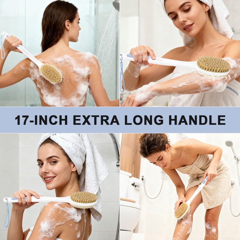 Bubbob Back Scrubber for Shower with Long Handle, Exfoliating Bath Brush for Body - Double Sided Bristles (Stiff & Soft), Anti-Slip Grip, Lightweight - Gift for Seniors, Includes Lanyard & Hook, Blue
