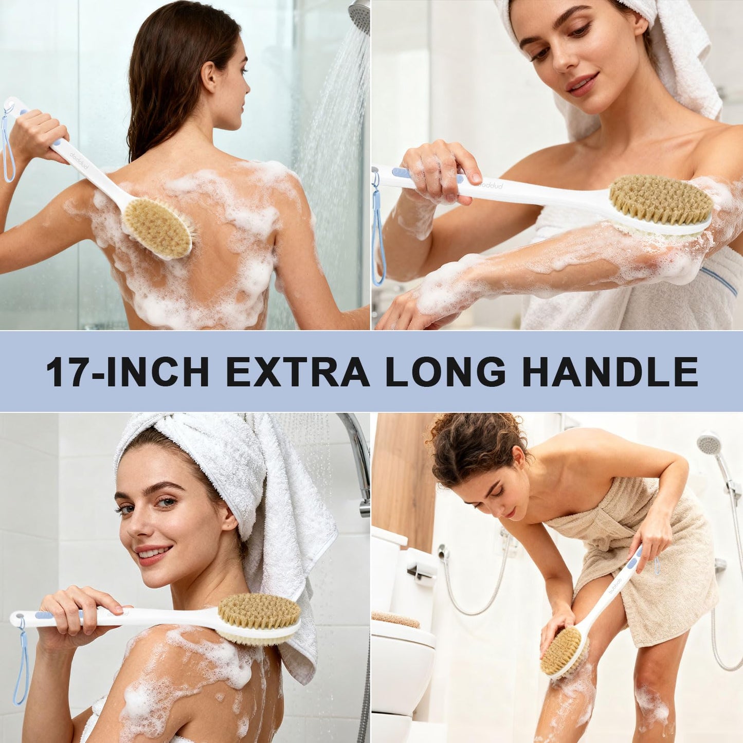 Bubbob Back Scrubber for Shower with Long Handle, Exfoliating Bath Brush for Body - Double Sided Bristles (Stiff & Soft), Anti-Slip Grip, Lightweight - Gift for Seniors, Includes Lanyard & Hook, Blue