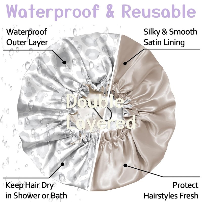 Deokke Luxury Shower Cap Silk Satin Lined Waterproof Reusable Adjustable Elastic Dry Hair Bathing Caps Cute for Women Girls-Gray Cheetah Leopard