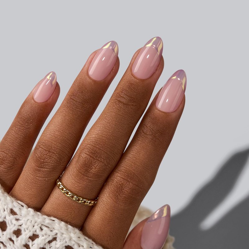 BTArtbox French Tip Press On Nails Almond - Press on Nails Short with Metallic Chrome Silver Finish, Supremely Fit & Natural Glue On Nails in 16 Sizes, Dazzling Pink
