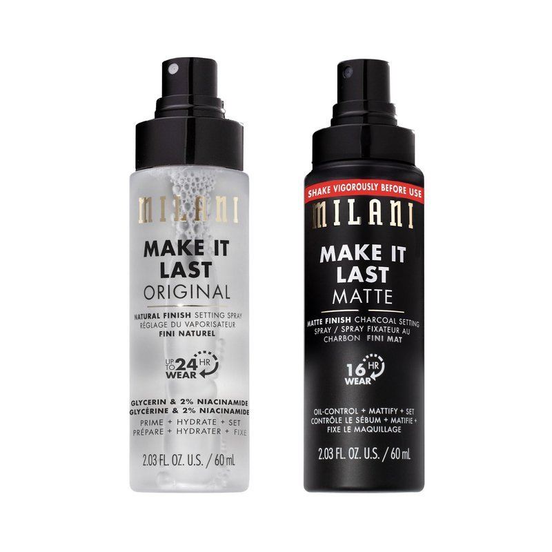 Milani Setting Spray + Primer, Make It Last Original - Natural Finish with Niacinamide for Hydration & Make It Last Matte- Oil Absorbing Charcoal Formula to Control Shine - 2 Pack