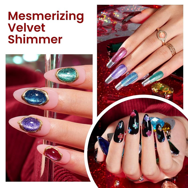 Beetles Cat Eye Gel Nail Polish Set, 6 Colors Glitter Gel Polish Kit Red Pink Shiny Brown Burgundy Purple Blue Green Magnetic Effect Sparkle Stunning Soak Off UV Manicure Gifts for Women