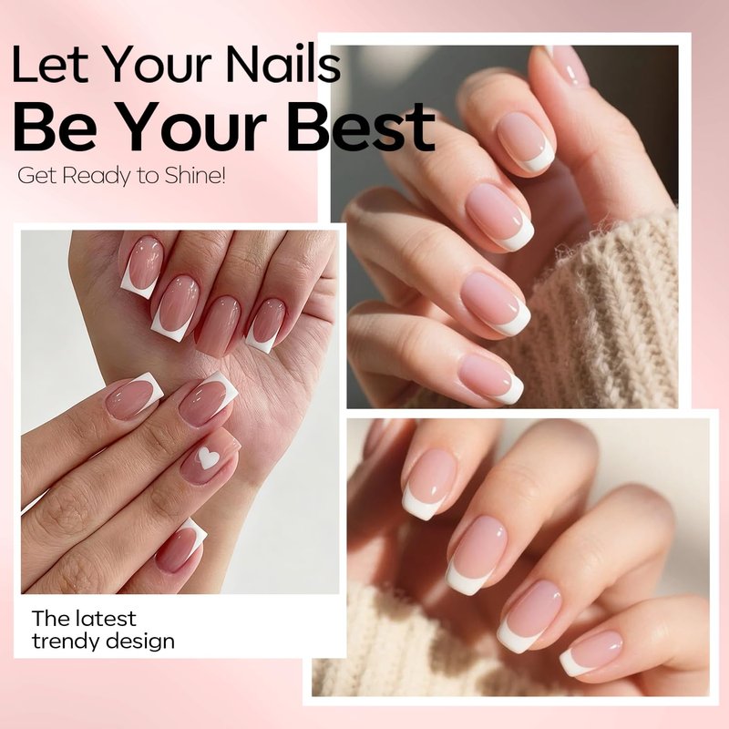 French Manicure Kit - Gel Nail Polish Set with French Tip Stamp & Stickers | 4 Colors: Nude, White, Pink, Sheer
