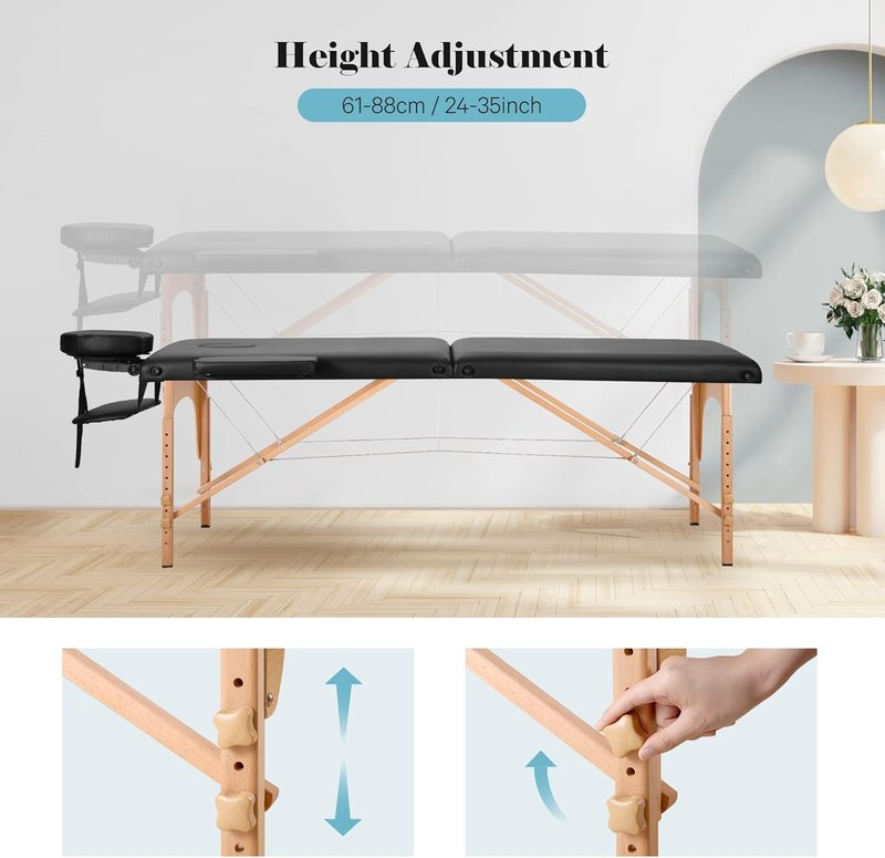 CHRUN Portable Massage Table - 24" Wide Foldable Beauty Spa Bed with Adjustable Height & Carry Bag (Black)