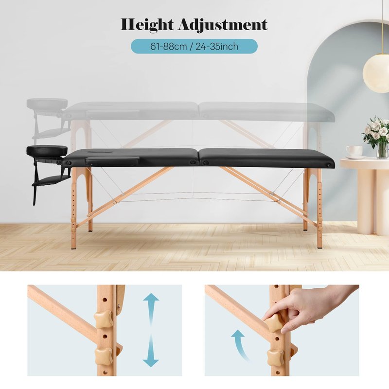 CHRUN Massage Table Portable Wooden Lash Bed 24" Wide Massage Bed Foldable Beauty Spa Tattoo Face Cradle Adjustable Height 35Inch 2 Fold with Bag (Black)