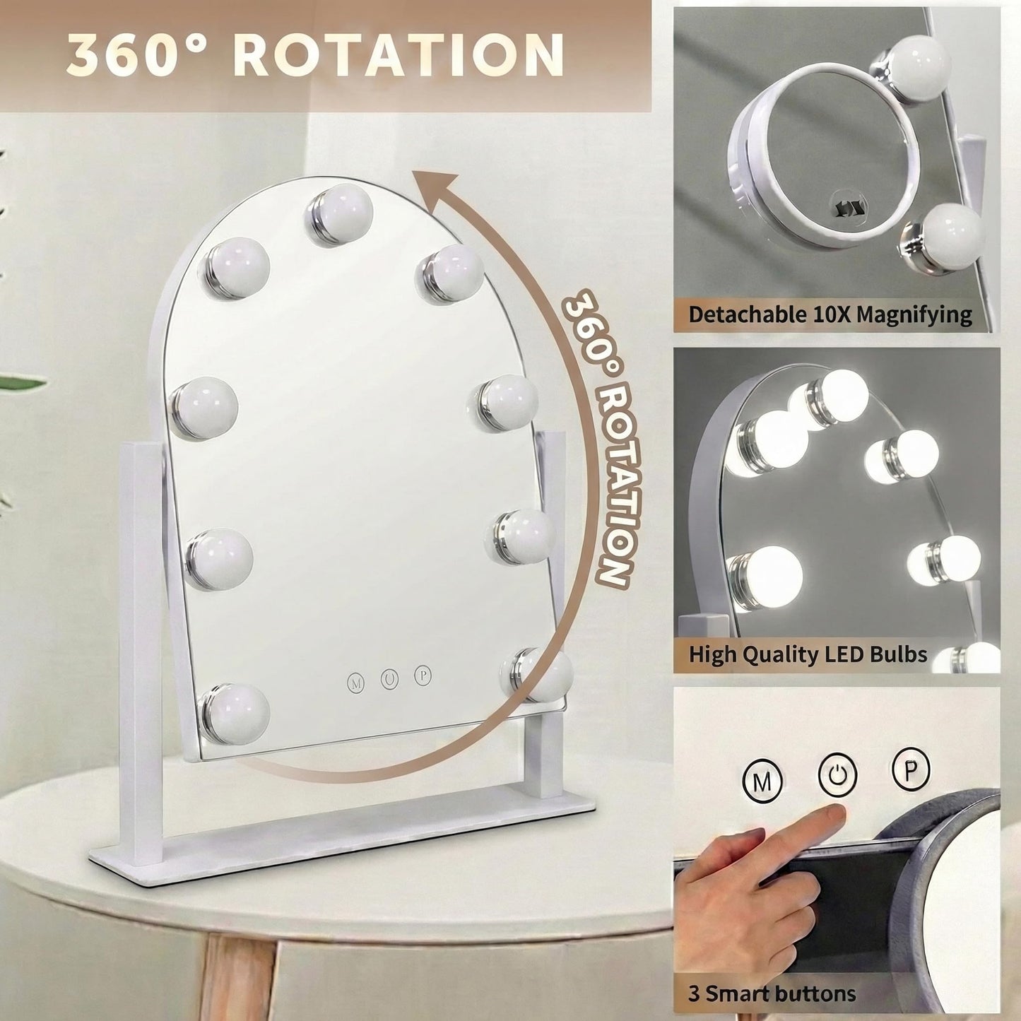 SLIMOON Arched Makeup Vanity Mirror with LED Lights Makeup Mirror Detachable 10X Magnification, Hollywood Make Up Mirror with Lighting, Smart Touch, Rechargeable,360° Rotation,White 14.17"x 11.81"