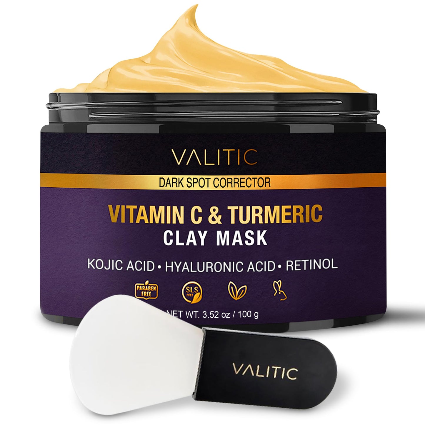 VALITIC Vitamin C & Turmeric Clay Mask - Dark Spot Corrector with Kojic Acid, Hyaluronic Acid & Retinol - Skin Care Routine for Minimizing Pores & Blackheads - with Applicator Brush - 100g