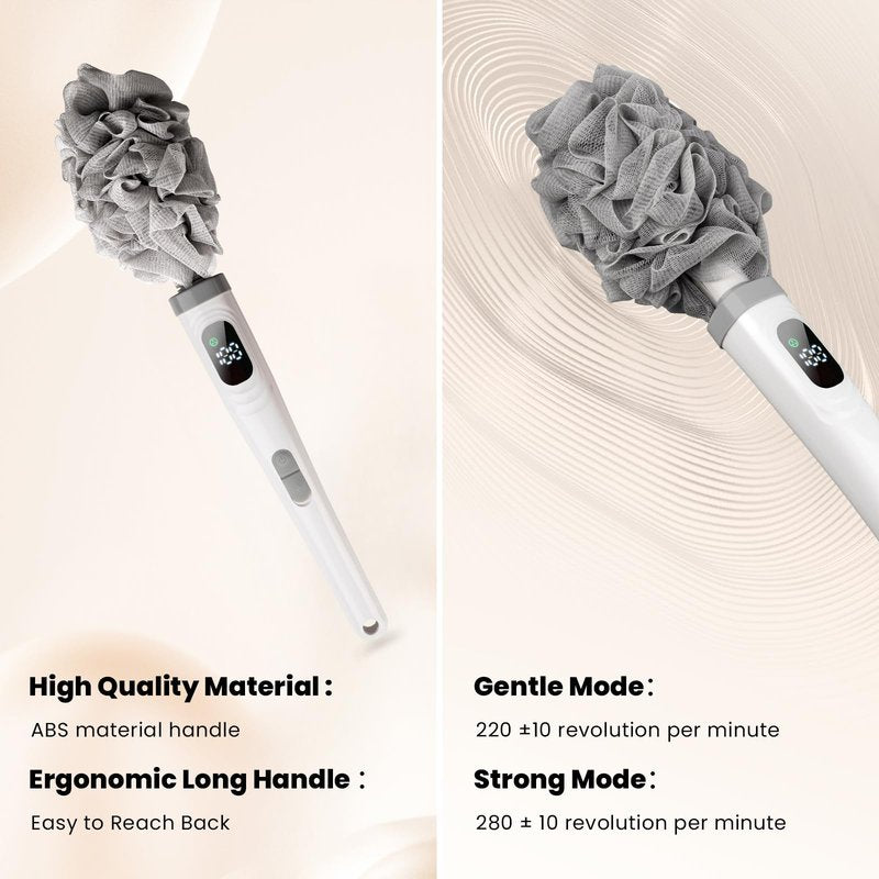 Electric Body Brush Back Scrubber for Shower, Electric Body Brush with Long Handle, Waterproof Rechargeable Bath Brush Body Scrubber with 3 Brush Heads & 2 Speeds for Cleansing and Exfoliating Skin