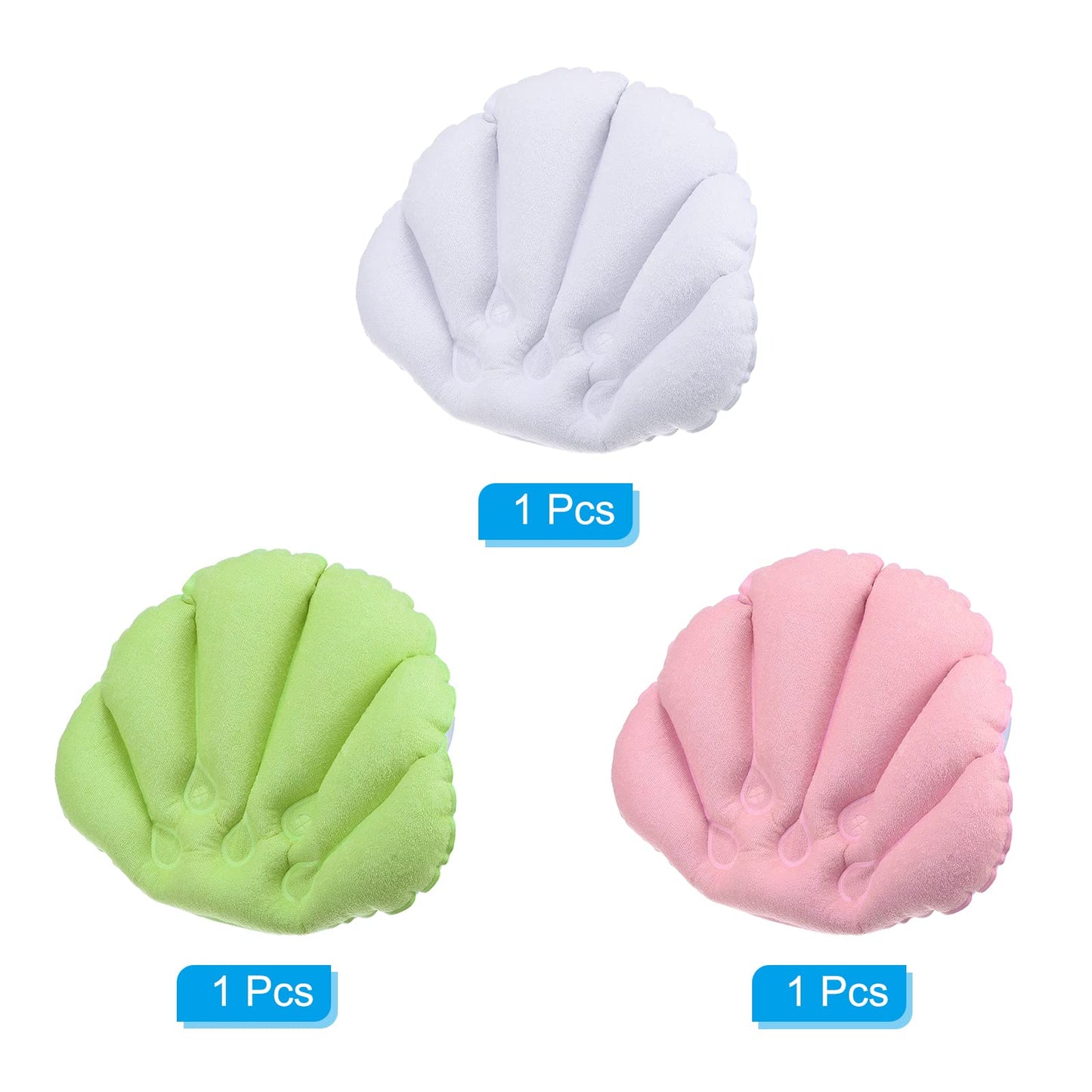PATIKIL Inflatable Bath Pillow with Suction Cups, 3 Pack Terry Cloth Covered Shell Shape Bath Pillow Neck Support for Bathtub Hot Tub (Pink, White, Green)