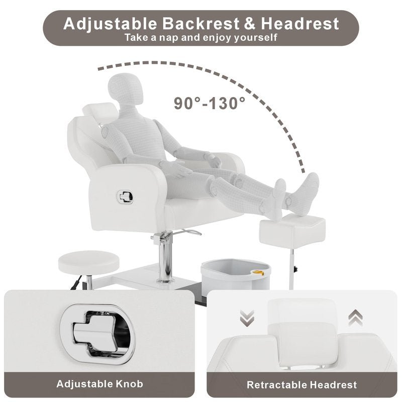 KIGOTY Pedicure Chair No Plumbing for Nail Tech, 360° Swivel Nail Tech Pedicure Chair for Salon with Massage Bath Bowl & Footrest, Height Adjustable Reclining Foot Station Unit, Foot Spa Chairs, White