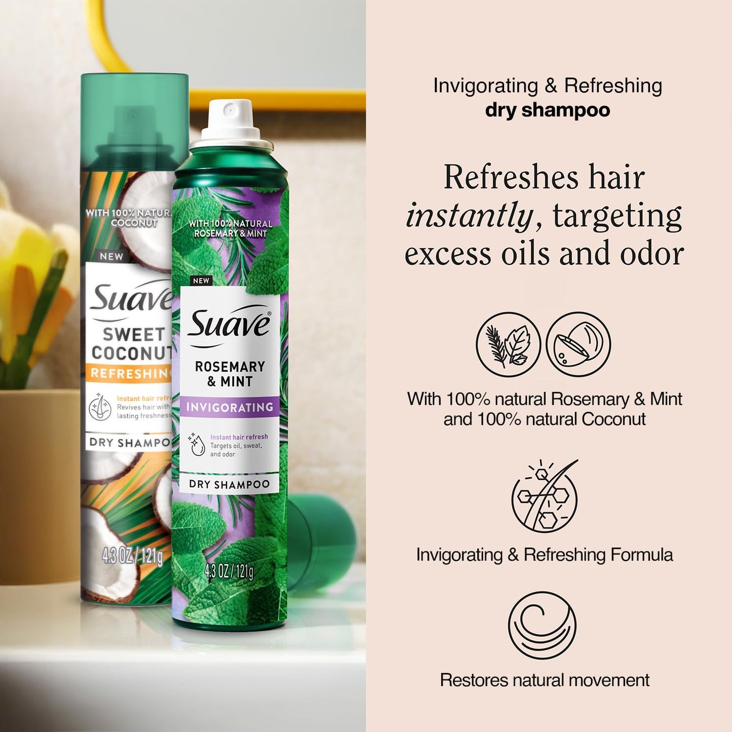 Suave Dry Shampoo Spray Variety Pack - Rosemary & Mint, Sweet Coconut | 4.3 Oz Each