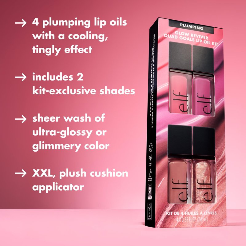 e.l.f. Glow Reviver Plumping Lip Oil Kit, Nourishing Tinted Lip Oils For A High-Shine Finish, Infused With Jojoba Oil, Vegan & Cruelty-Free, 4 Shades
