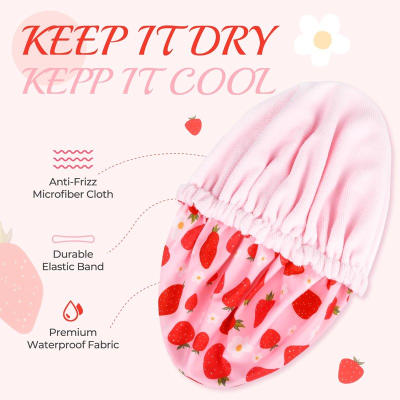 Shower Cap for Women Terry Lined Bath Cap Large Reusable Waterproof Elastic Band Pink Strawberry Shower Caps for Long Thick Hair Soft Bath Shower Hair Caps