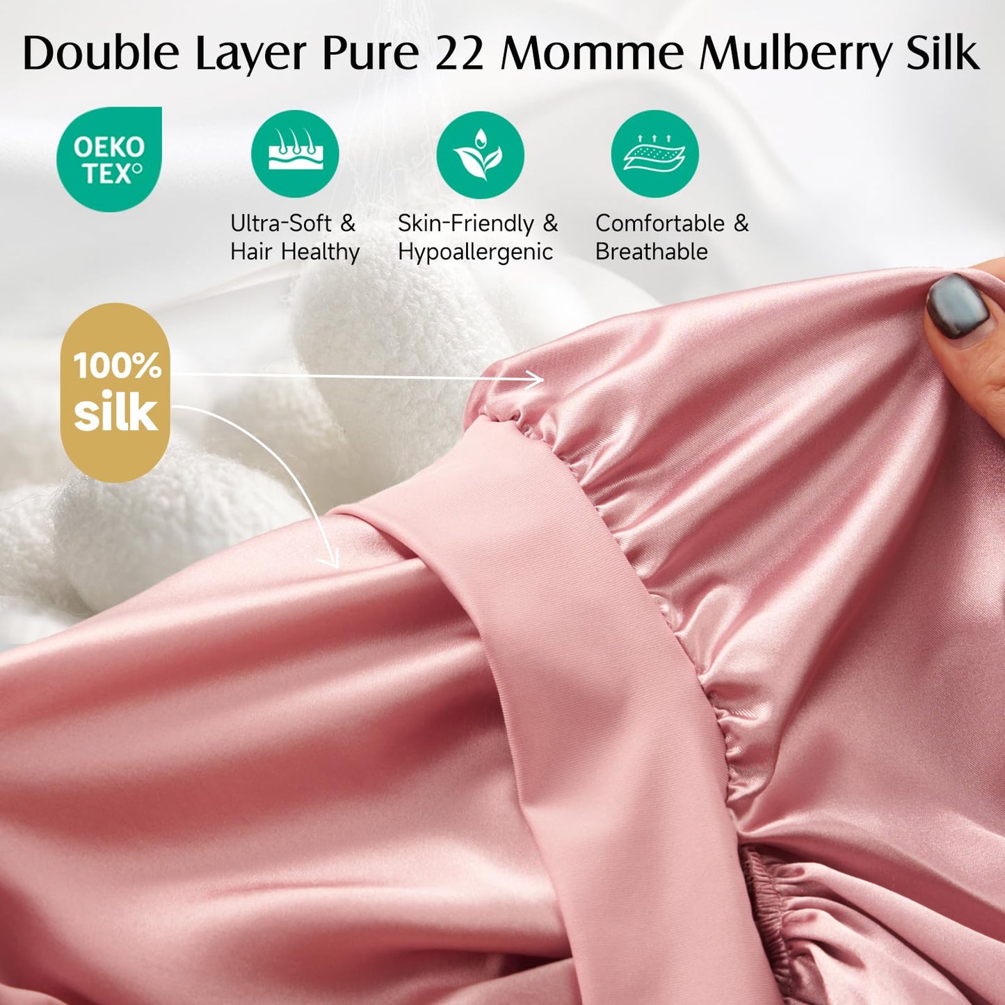 YFONG Double-Layered 100% Pure Mulberry Silk Bonnet for Long Hair, 22 Momme Silk Hair Bonnet for Sleeping with Elastic Tie Band, Real Silk Sleep Cap for Women Long Curly Hair, Pink