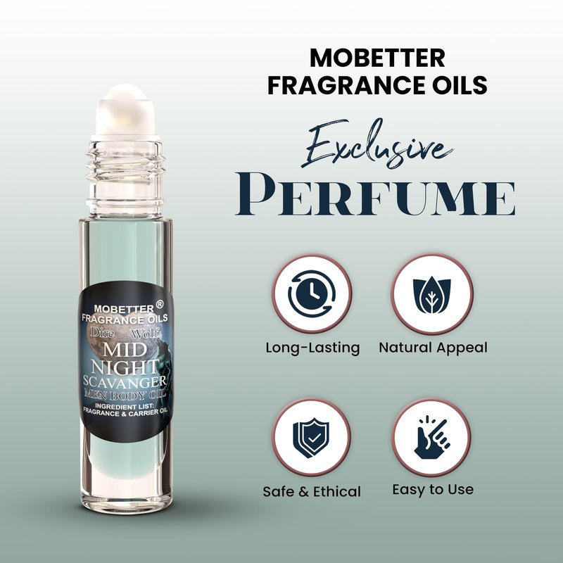 MOBETTER FRAGRANCE OILS Dire Wolf Midnight Scavanger Men Body Oil 0.33 Oz Roll On, Glass Bottle, Long Lasting, Travel Size