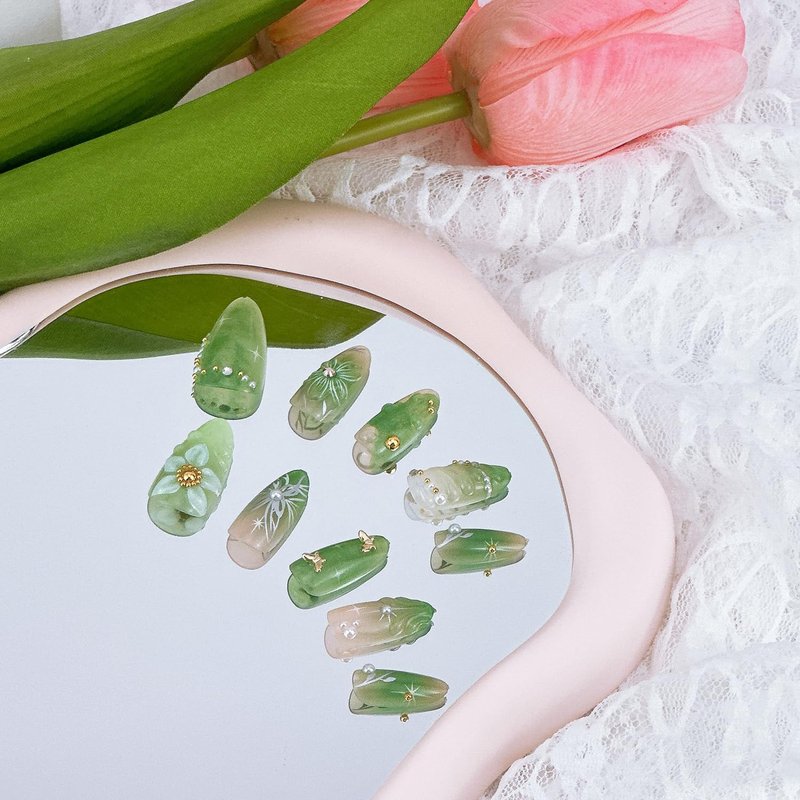 Skiennix 30pcs Green Press-On Nails - Medium Almond Shape with 3D Floral & Rhinestone Design