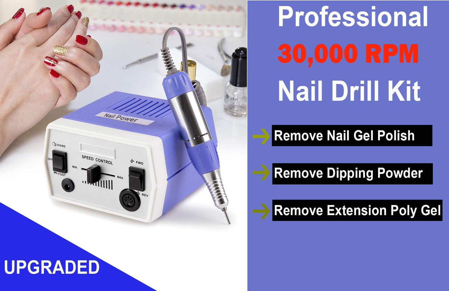 Upgraded Nail Drill Electric Nail File, JD700 Nail Drills for Acrylic Nails Professional 30000RPM Manicure Pedicure Grinding Tools Acrylic Nail Drill for Nail Dip Kit Acrylic Powder Poly Nail Gel B-01
