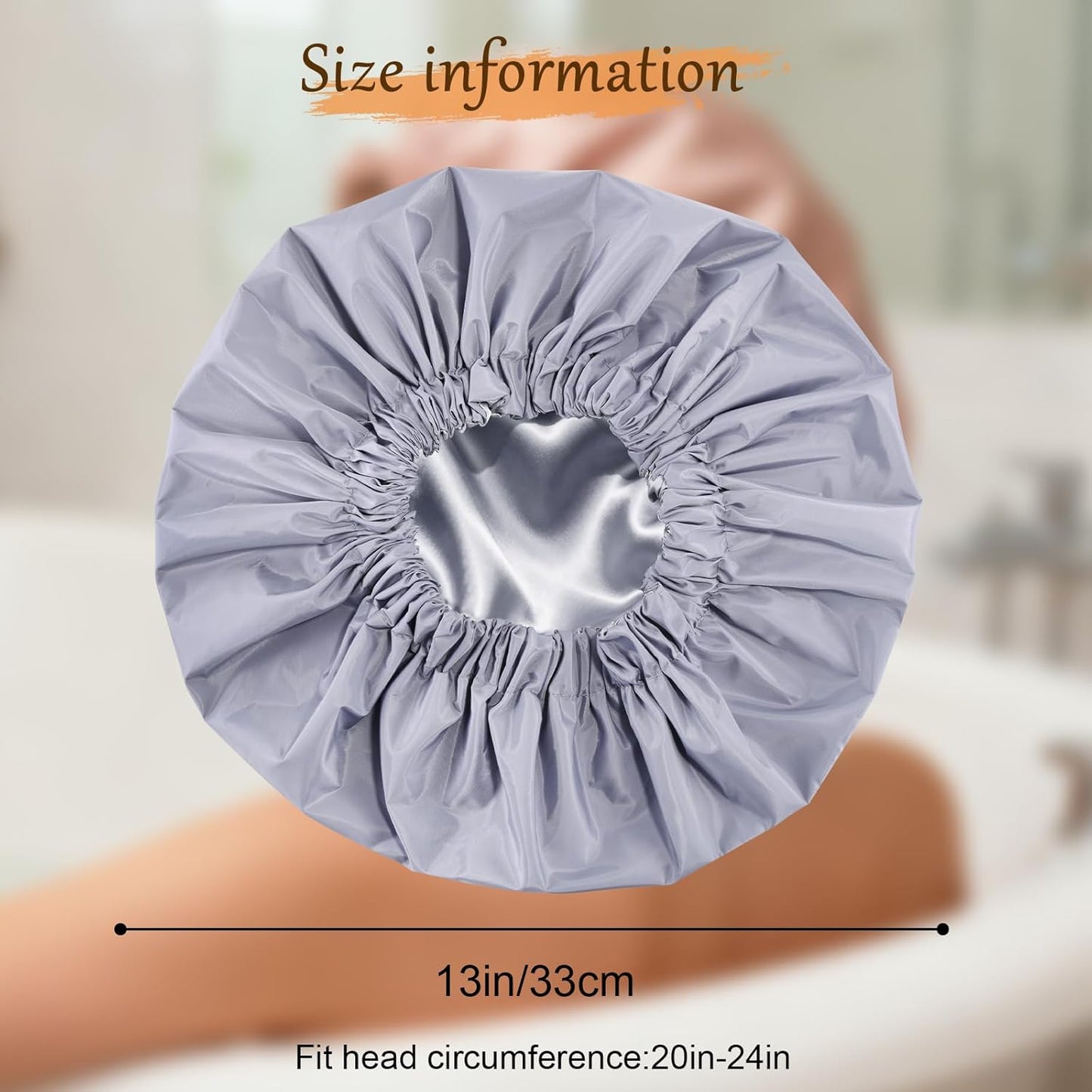 Skiennix Reusable Waterproof Shower Cap - Satin Lined with Soft Elastic Band | Large Grey Bath Cap