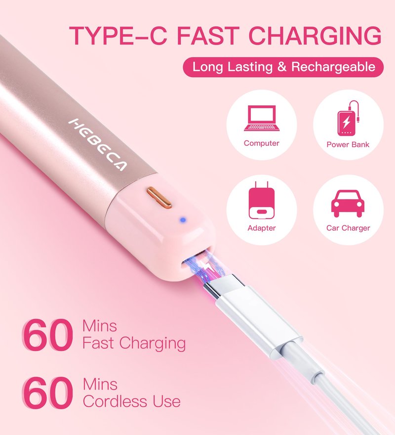 HEBECA Nose Hair Trimmer for Women 3in1 Facial Hair Removal Trimmers- Rechargeable, Waterproof, Portable with Travel Bag- Trims Nose, Ear, Eyebrow, Peach-Fuzz, Lips, Chin Face Hair Remover (Pink)