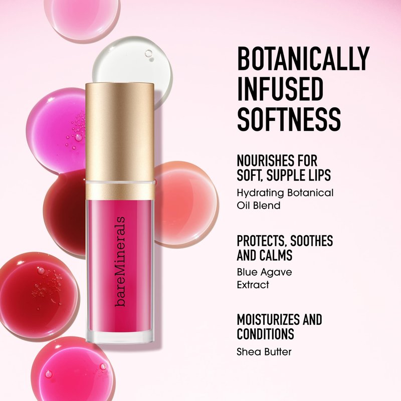 bareMinerals Nourishing Lip Oil, Ultra-Hydrating, Non-Sticky & High-Shine, Clean & Vegan Formula with 9 Botanical Oils & Hyaluronic Acid for Soft, Smooth Lips, Adore