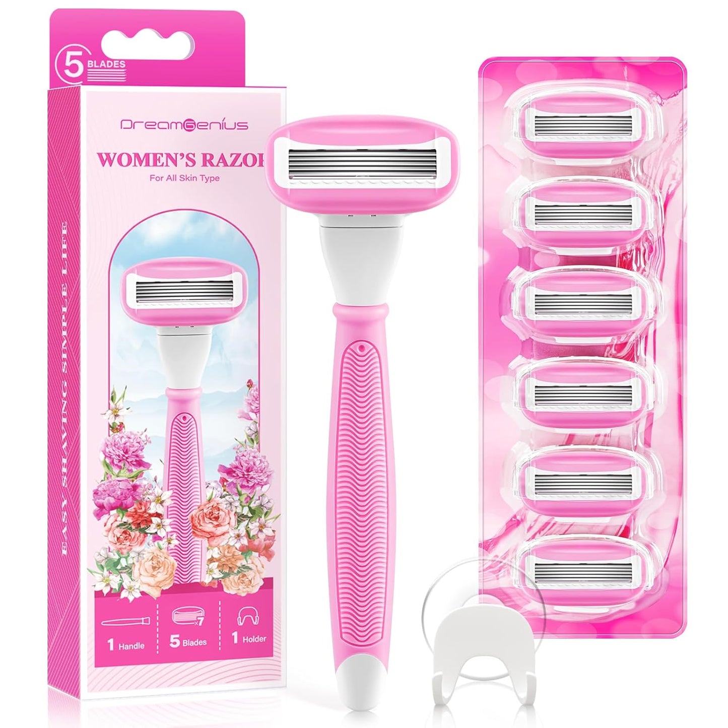 Women's Razors - 5 Premium Blades with Non-Slip Handle & Shower Holder | Pink, 360° Lubrication for Smooth Shaving