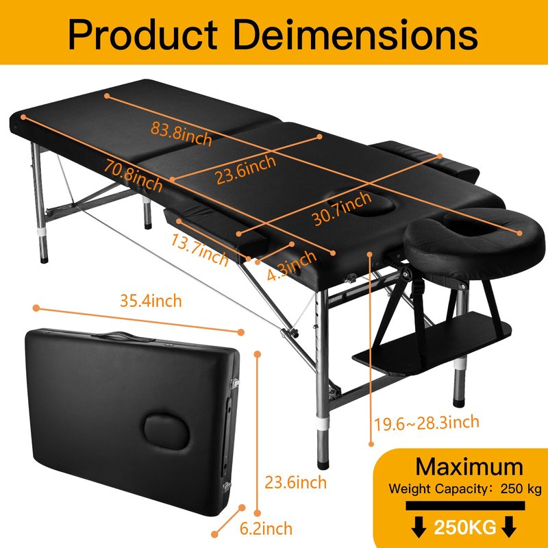 Senrob Massage Tables Portable 24" Wide Adjustable Folding Massage Bed, Lightweight Aluminum Esthetician Bed, Tattoo Chair for Client,Tattoo Table for Spa and Beauty Professionals (Black)