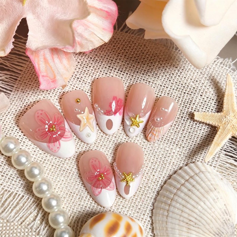 30Pcs Summer Beach Short Almond Press On Nails Pink Floral Starfish French Tips Fake Nails with 3D Flower & Pearl Decor Cute Handmade Acrylic Nails Glossy Reusable False Nails for Women Vacation Nail