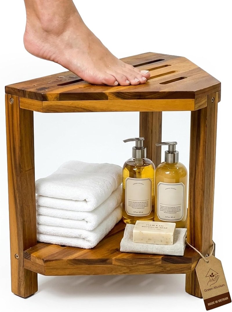 Corner Shower Stool - 20” Acacia Wood Shower Bench with Storage Shelf | Waterproof Foot Rest for Shaving Legs