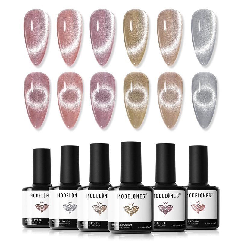 modelones Gel Nail Polish Set, 6 Colors Nude Pink Silver 9D Glassy Cat Eye Glitter Gel Polish Semi-transparent Neutral Brown Nail Polish Soapnails with Magnet Soak Off Led Nail Art DIY Gift