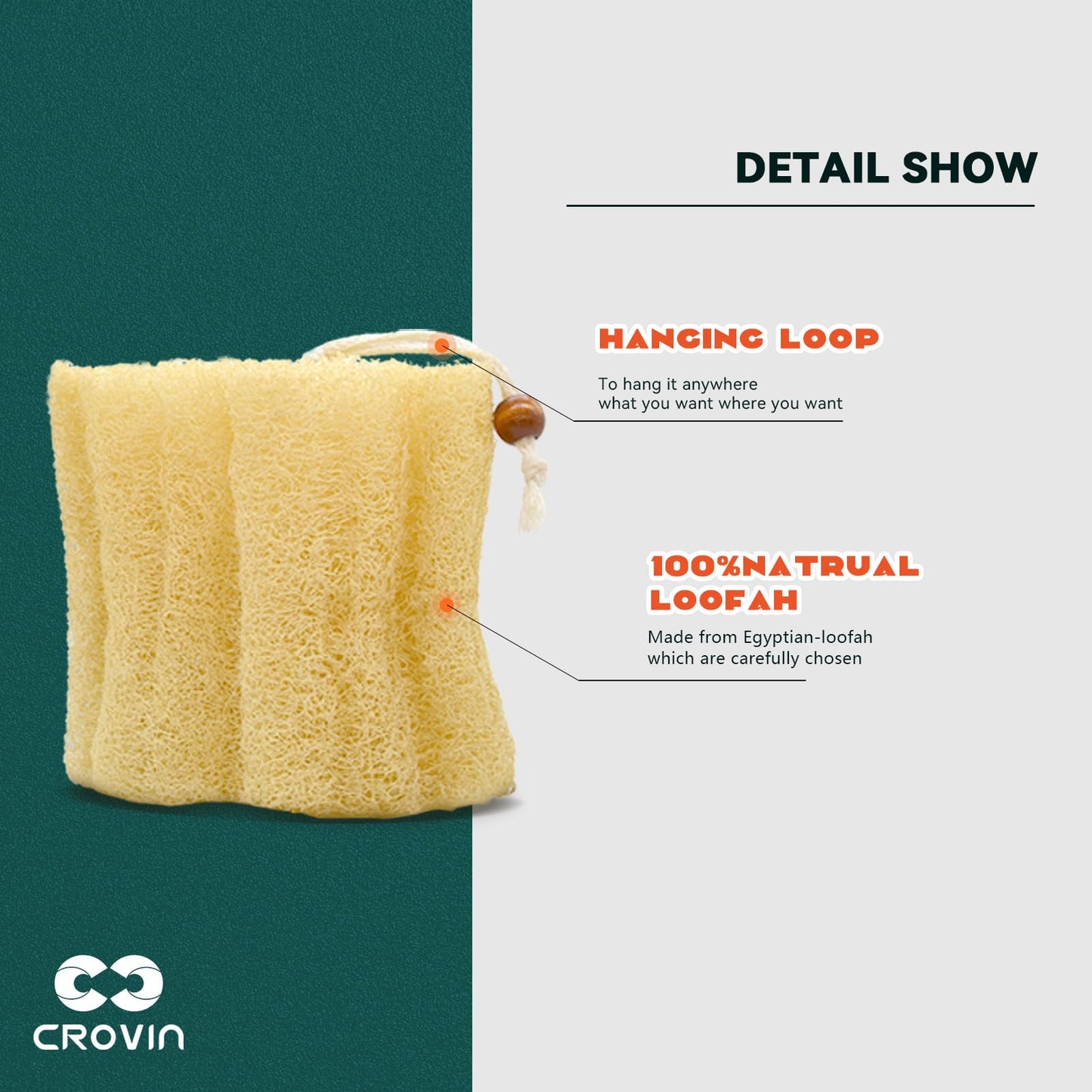 CROVIN Natural Shower Loofah Sponge Body Scrubber Pad that Leaves Your Body a Clean Scrubbed Feeling, Sweeping Dead Skin Cells Effectively as A Skin Exfoliator - 3 Count (1 Pack)