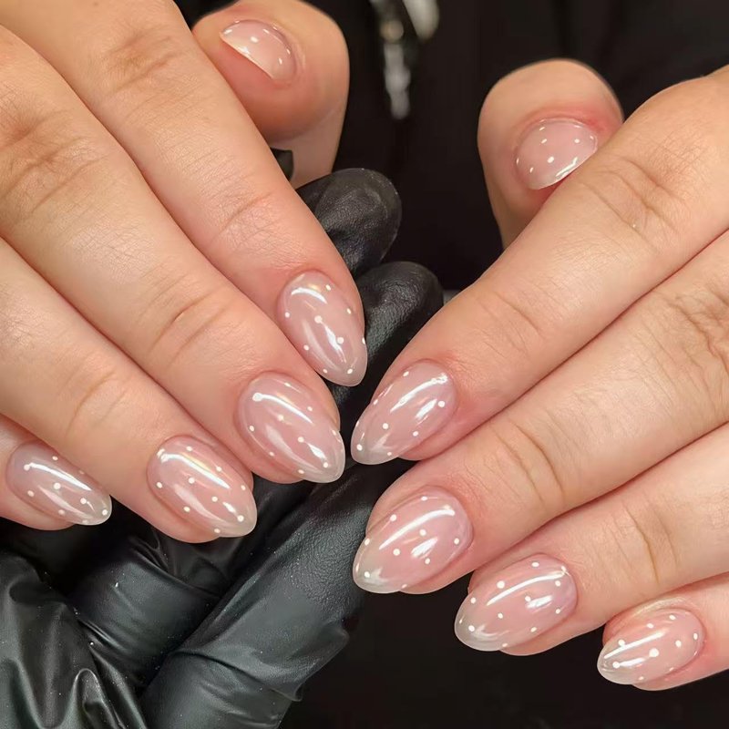 Nude Pink Electroplating Press on Nails Short Almond Fake Nails Aurora White Polka Dots False Nail Design Chrome Glossy Acrylic Nails for Women Girls DIY Manicure Decoration 24Pcs