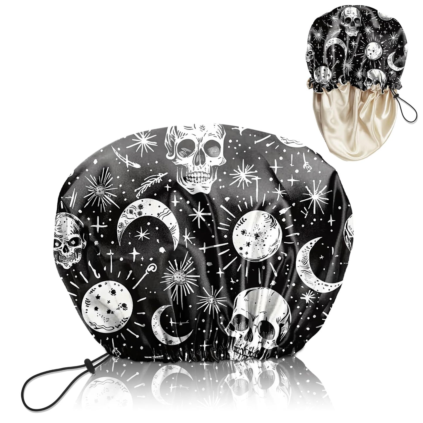 BHAHB Luxury Shower Cap Satin Lined Reusable Waterproof Double Layer Elastic Adjustable Hair Bath Cap Cute Aesthetic Women Girlss-Skull
