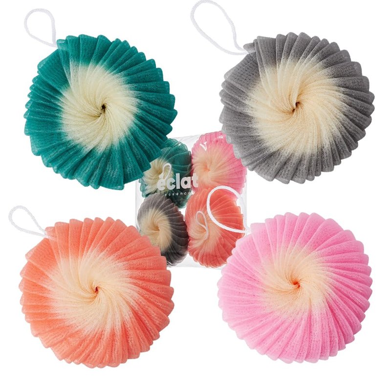 Éclat Mesh Bath Sponge Loofah Ball, Soft Exfoliating Body Scrubber for Wash, Rich-Lather Nylon Net Puff with Quick-Dry Hanging Loop, Gentle Daily Cleanser (Pink/Orange/Green/Grey, 4Pcs)