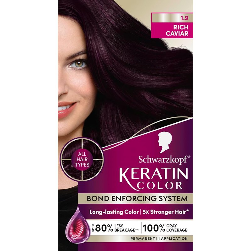 Schwarzkopf Keratin Hair Dye Cream - 1.9 Rich Caviar | Professional Gray Coverage & Bond Enforcing System