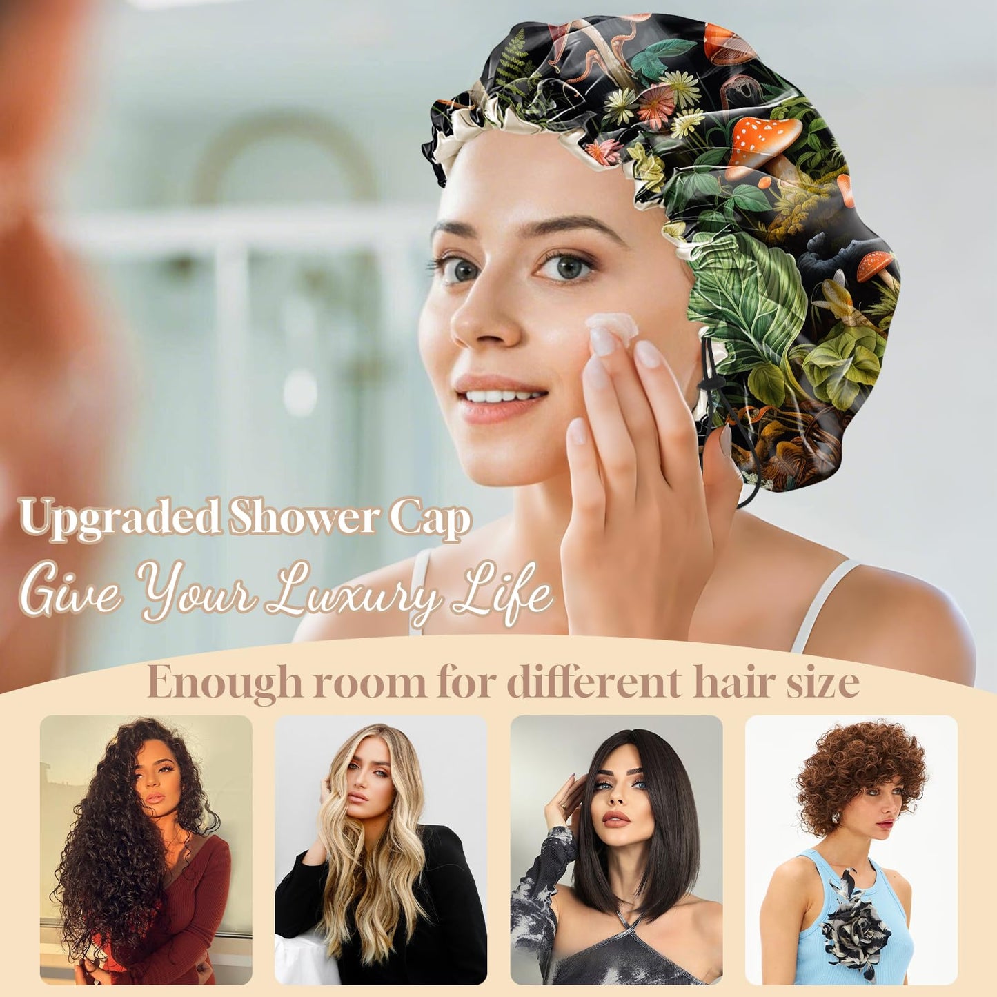 Zewurtuw Luxury Shower Cap Adjustable Reusable Double Waterproof Layer Elastic Satin Lined Hair Bath Cap Cute Aesthetic Women Girls-Mushroom