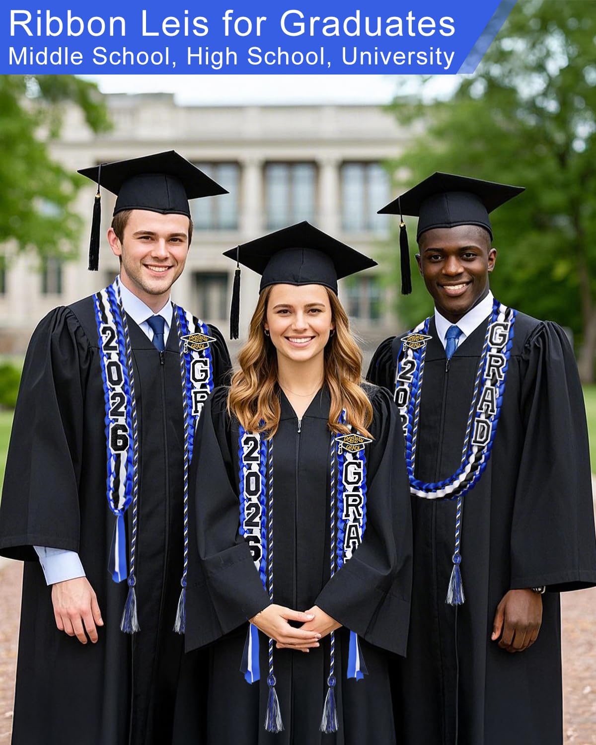 Yigney Graduation Lei Set Class of 2026 Grad Ribbon Leis with Honor Cord Double Braided Graduate Leis for Men Women Blue Black White