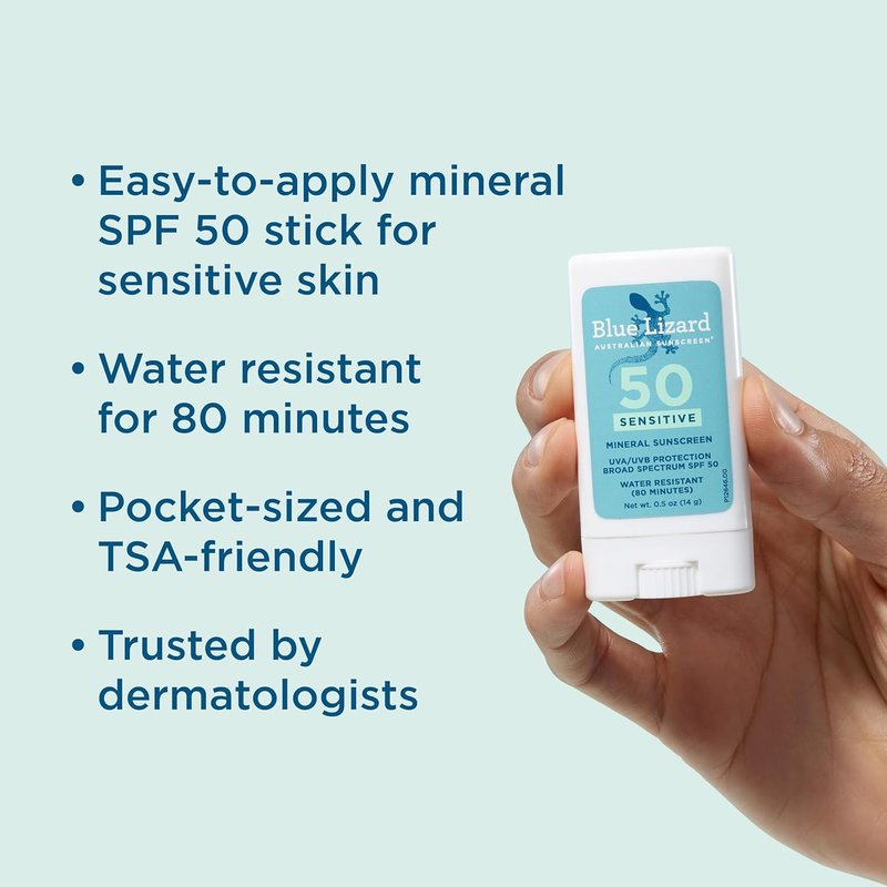 Blue Lizard Sensitive Mineral Sunscreen Stick - SPF 50+ Zinc Oxide, Water Resistant, Fragrance-Free | 0.5 Oz