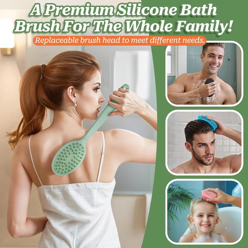 GEENOA Silicone Face & Back Scrubber Set, Manual Face & Body Scrubber Exfoliator with Soft Bristles and Non-Slip Handle, Back Brush Bath Brush with Detachable Brush Head(2PCS Green Set)