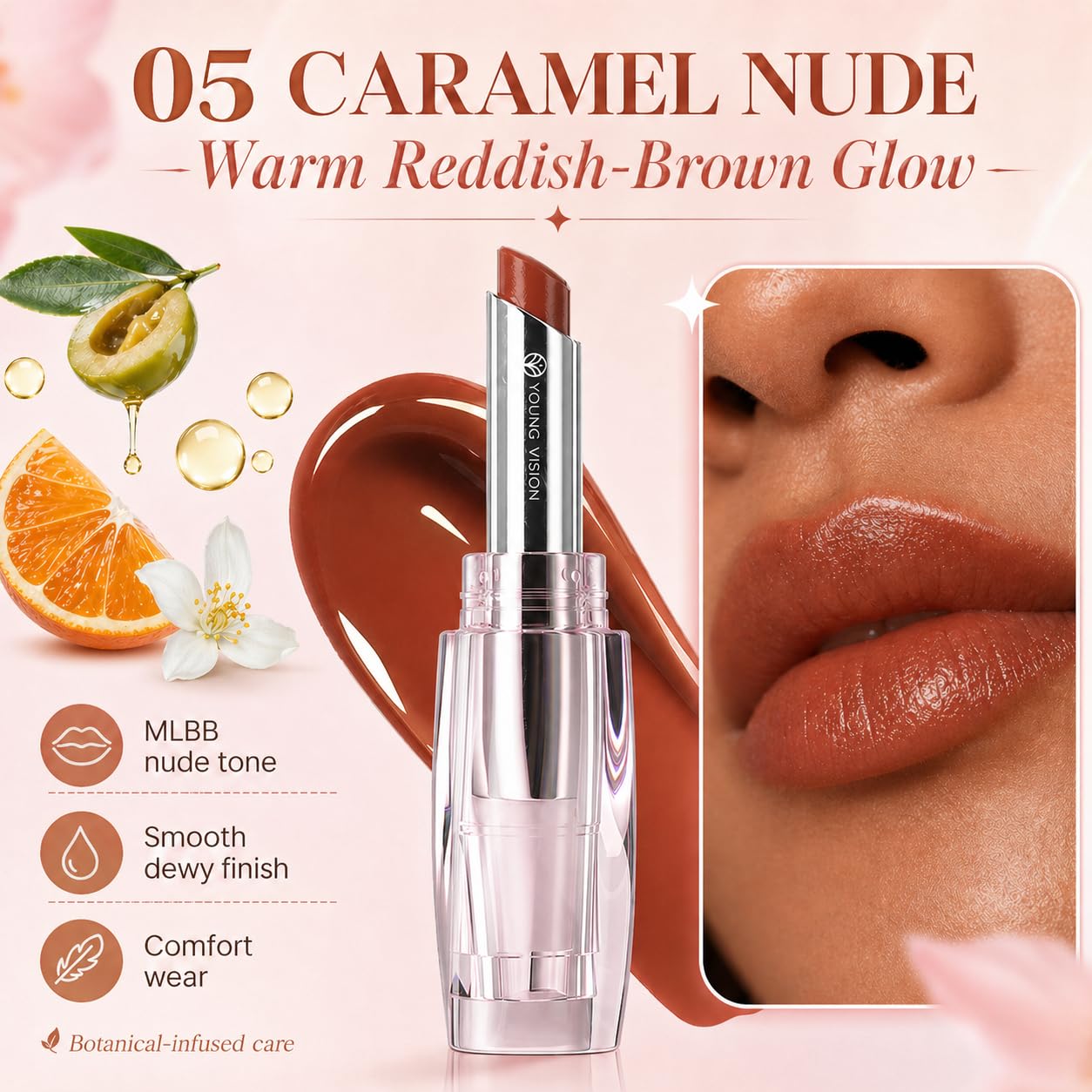 YOUNG VISION Tinted Lip Balm & Hydrating Lipstick - 8-Hour Moisture Lock Satin Finish, Warm Caramel Nude, Zero Greasy Residue, Cruelty-Free Lip Care, Warm Caramel